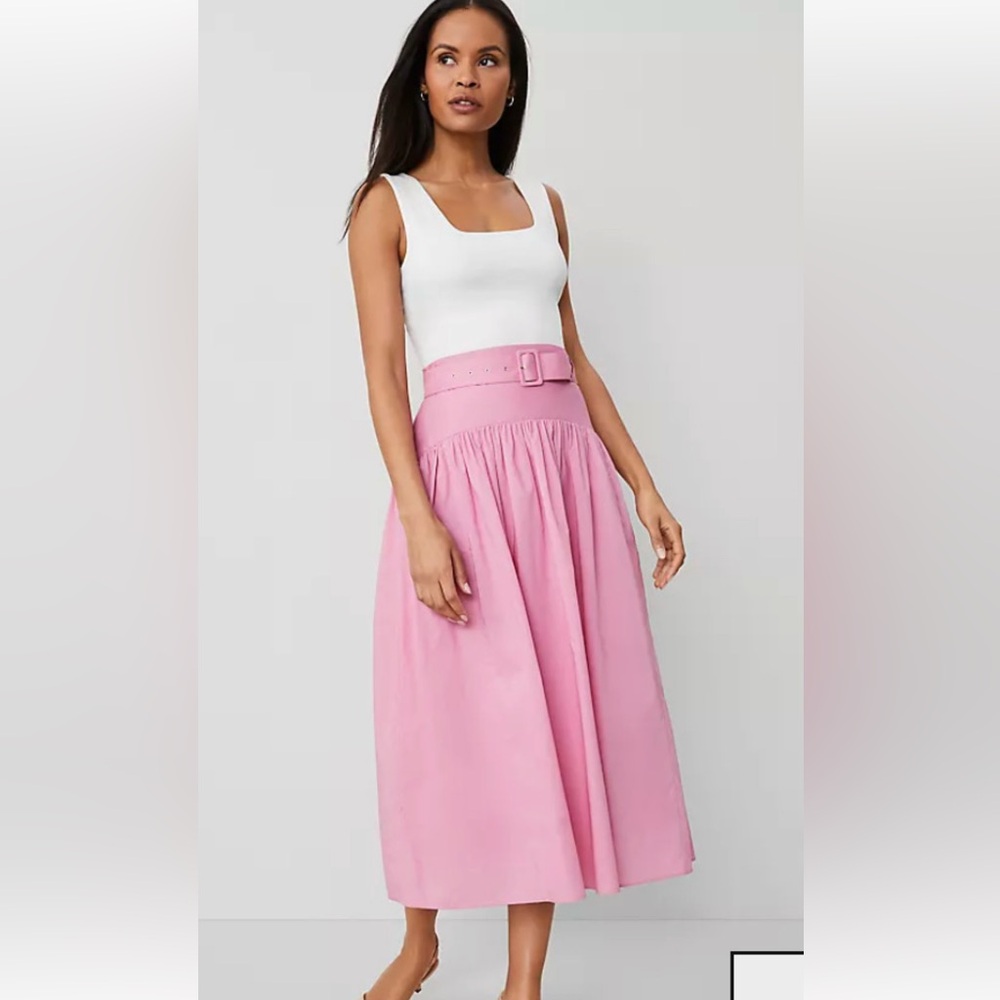 Pink Ann Taylor Midi Belted Skirt 6 Petite Cotton Lined 6P